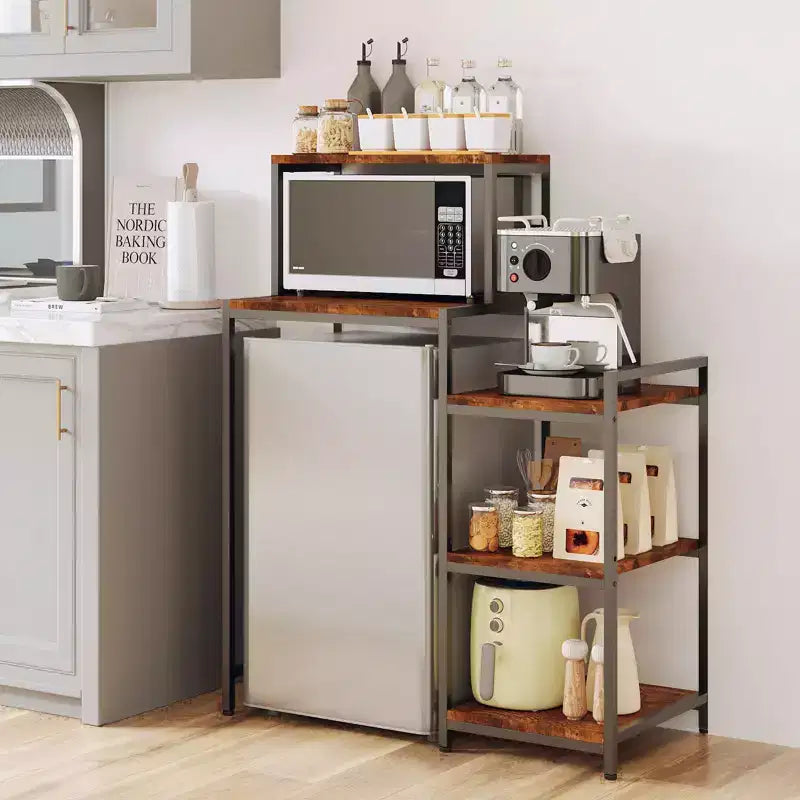 Support de mini-réfrigérateur avec étagère de rangement, étagère à micro-ondes à 5 niveaux et organiseur de bar à café avec étagères réglables pour dortoir, appartement, bureau