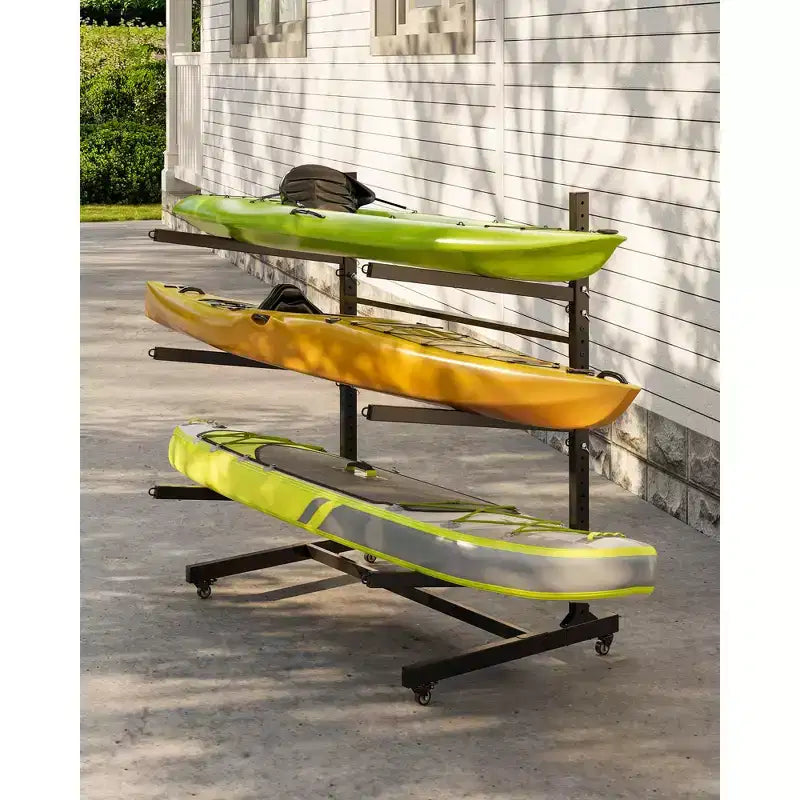 COZONY Heavy-Duty Kayak Storage Rack for 3 Kayaks, 3-Layer Freestanding Rack with Wheels & Hanging Straps