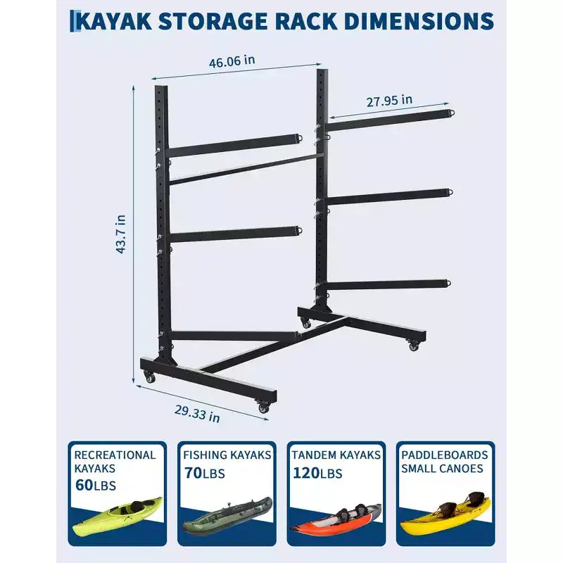 COZONY Support de Rangement Robuste pour 3 Kayaks, Support Autonome à 3 Niveaux avec Roues et Sangles de Suspension