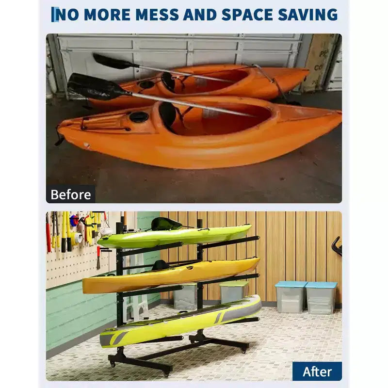 COZONY Support de Rangement Robuste pour 3 Kayaks, Support Autonome à 3 Niveaux avec Roues et Sangles de Suspension