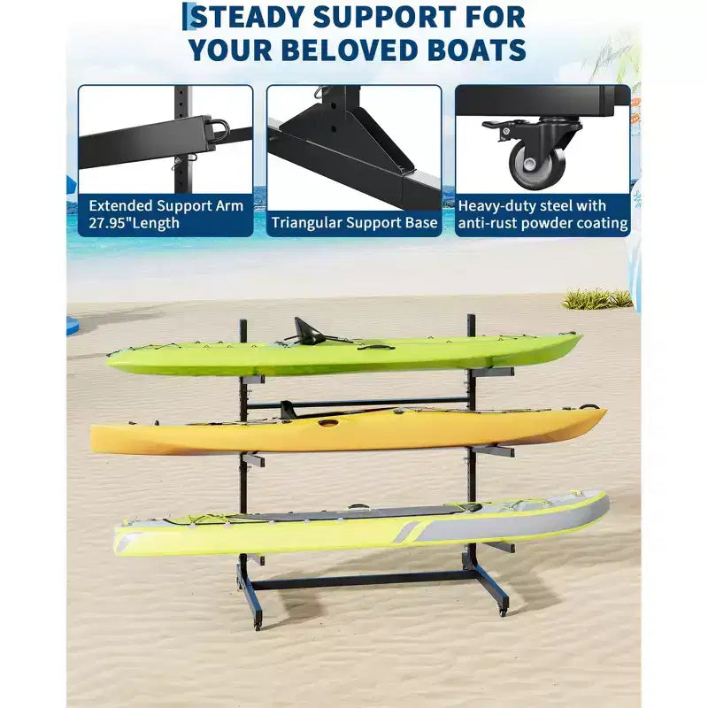 COZONY Support de Rangement Robuste pour 3 Kayaks, Support Autonome à 3 Niveaux avec Roues et Sangles de Suspension