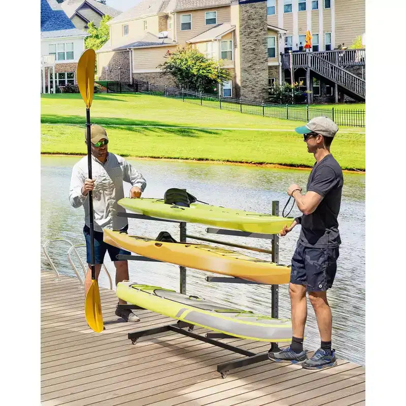COZONY Support de Rangement Robuste pour 3 Kayaks, Support Autonome à 3 Niveaux avec Roues et Sangles de Suspension