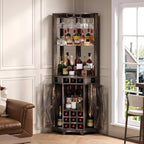 Meuble Bar d'Angle avec Casier à Vin, Armoire à Vin Haute de 72 po avec Miroir Acrylique et Porte-Verres, Meuble de Rangement pour Alcool en Bois pour Salle à Manger et Cuisine