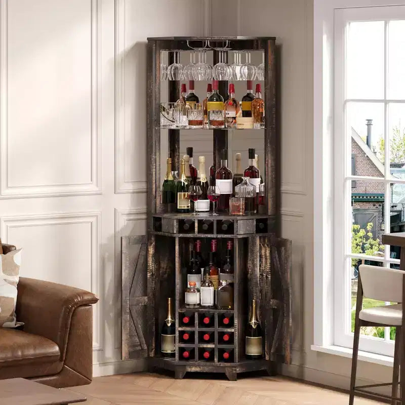 Meuble Bar d'Angle avec Casier à Vin, Armoire à Vin Haute de 72 po avec Miroir Acrylique et Porte-Verres, Meuble de Rangement pour Alcool en Bois pour Salle à Manger et Cuisine