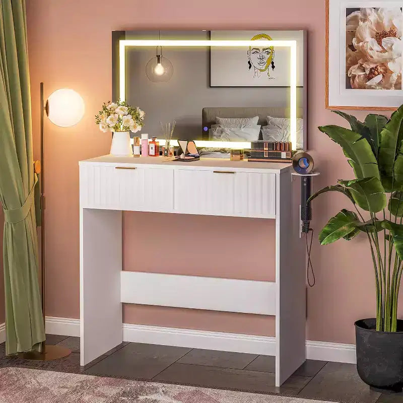 Coiffeuse 51" avec miroir lumineux et éclairage réglable - Table de maquillage en bois naturel pour chambre à coucher