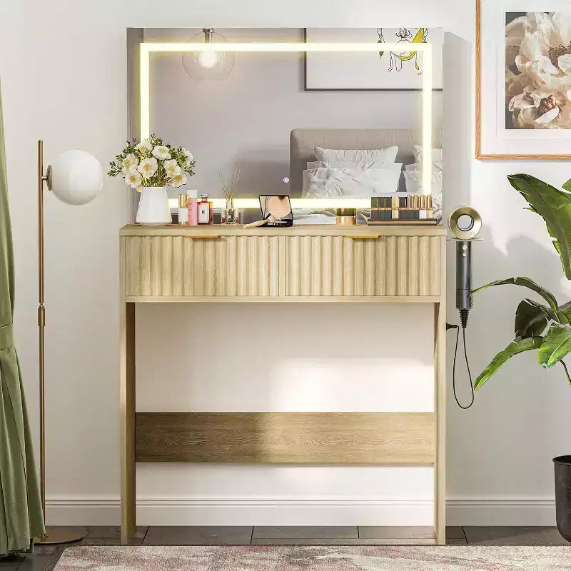 Coiffeuse 51" avec miroir lumineux et éclairage réglable - Table de maquillage en bois naturel pour chambre à coucher