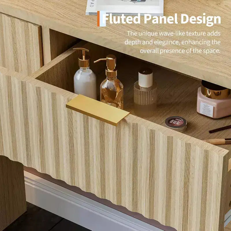 Coiffeuse 51" avec miroir lumineux et éclairage réglable - Table de maquillage en bois naturel pour chambre à coucher