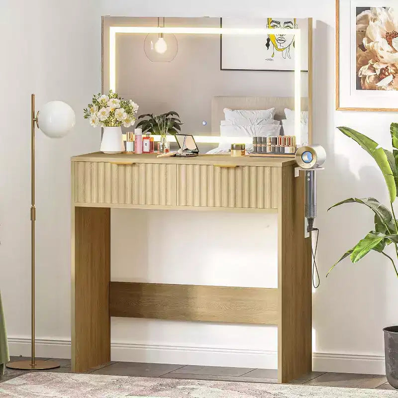 Coiffeuse 51" avec miroir lumineux et éclairage réglable - Table de maquillage en bois naturel pour chambre à coucher