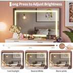 Coiffeuse 51" avec miroir lumineux et éclairage réglable - Table de maquillage en bois naturel pour chambre à coucher