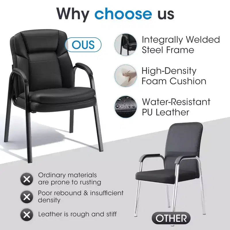 Lot de 2 chaises de bureau ergonomiques avec cadre en acier soudé et mousse haute densité, cuir PU résistant à l'eau et accoudoirs épaissis pour le bureau
