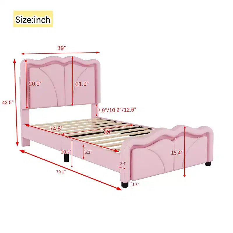 Lit plateforme capitonné en PU Luxystar avec tête de lit réglable en hauteur pour chambre d'enfant, rose
