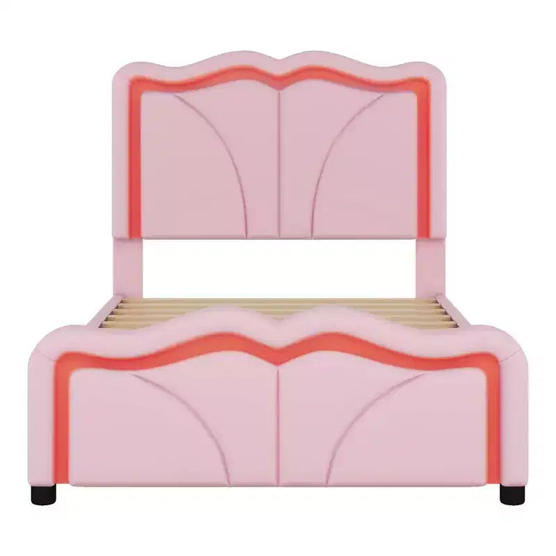 Lit plateforme capitonné en PU Luxystar avec tête de lit réglable en hauteur pour chambre d'enfant, rose
