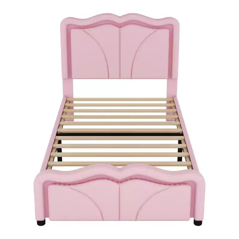 Lit plateforme capitonné en PU Luxystar avec tête de lit réglable en hauteur pour chambre d'enfant, rose