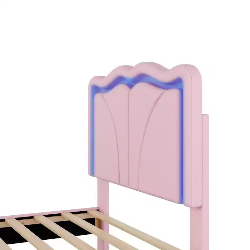 Lit plateforme capitonné en PU Luxystar avec tête de lit réglable en hauteur pour chambre d'enfant, rose