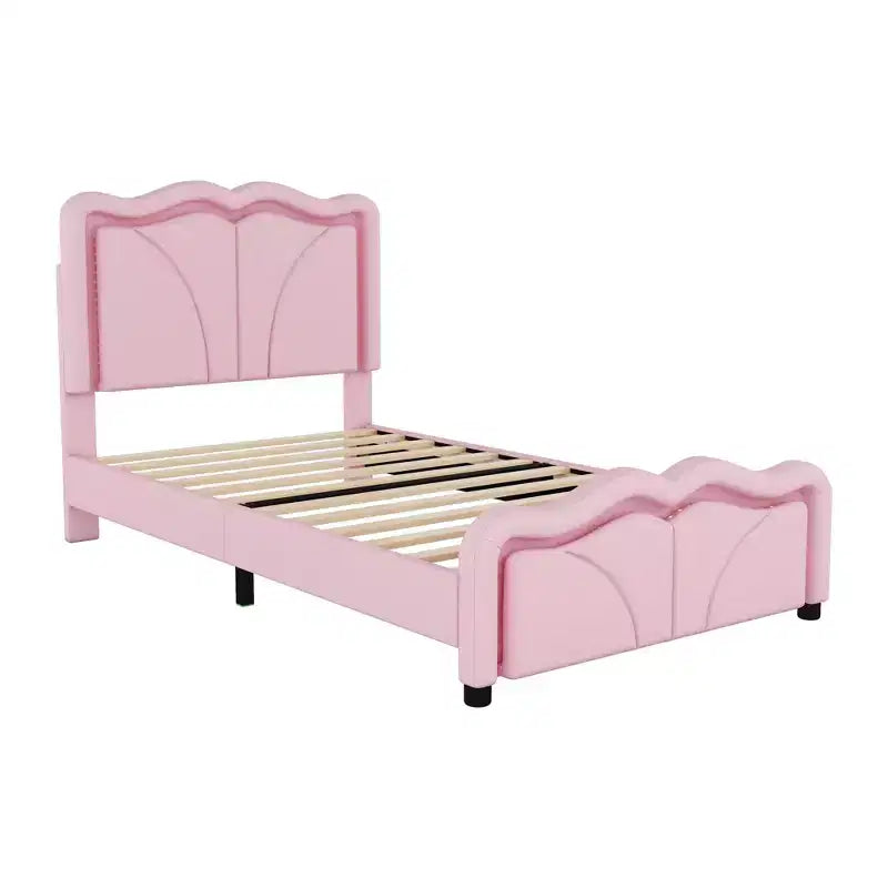 Lit plateforme capitonné en PU Luxystar avec tête de lit réglable en hauteur pour chambre d'enfant, rose