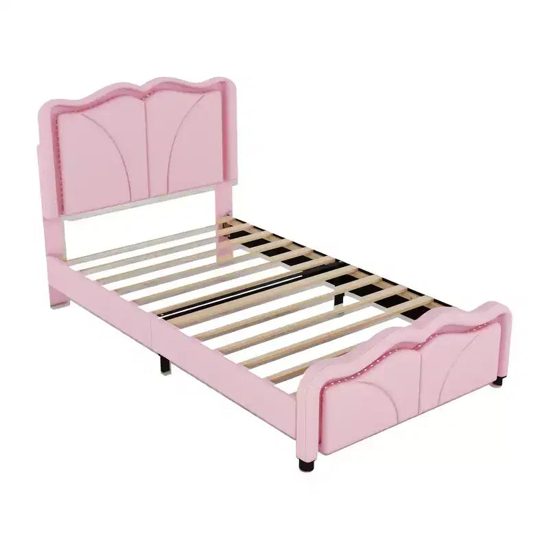 Lit plateforme capitonné en PU Luxystar avec tête de lit réglable en hauteur pour chambre d'enfant, rose