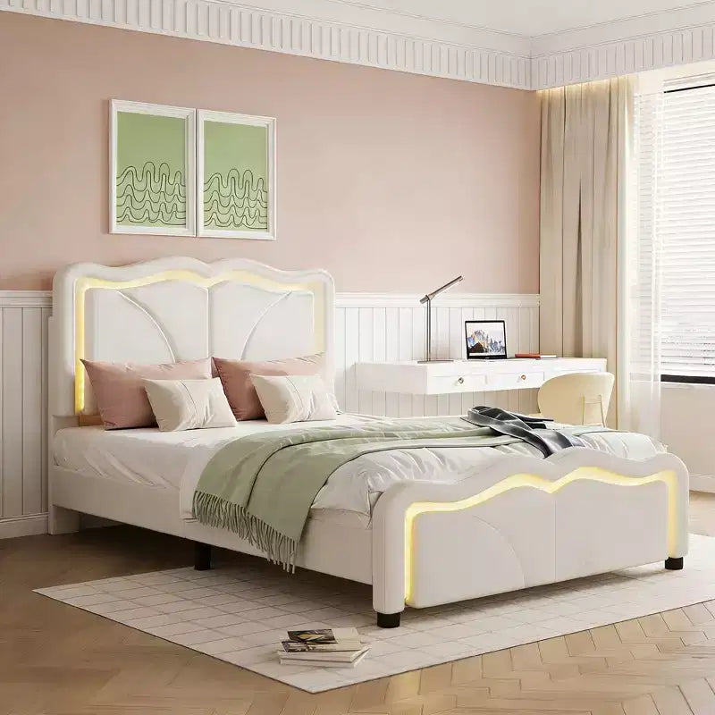 Lit plateforme capitonné en PU Luxystar avec tête de lit réglable en hauteur pour chambre d'enfant, rose