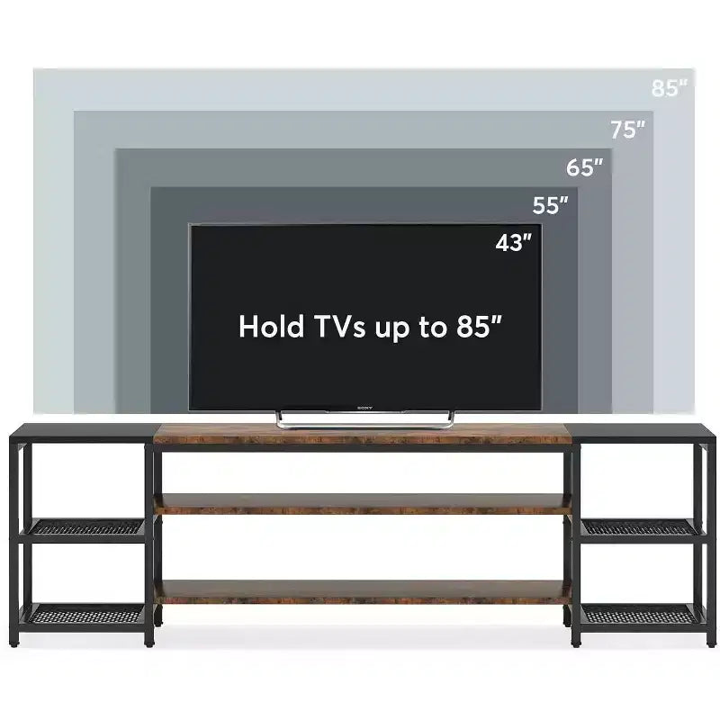 Meuble TV Lantine 78 pouces pour téléviseurs jusqu'à 85 pouces, console de divertissement multimédia industrielle avec étagères de rangement pour salon