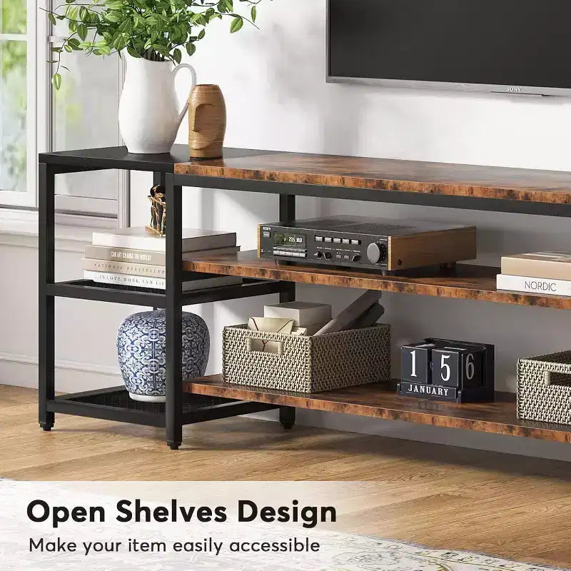 Meuble TV Lantine 78 pouces pour téléviseurs jusqu'à 85 pouces, console de divertissement multimédia industrielle avec étagères de rangement pour salon