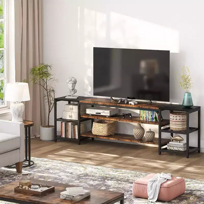 Meuble TV Lantine 78 pouces pour téléviseurs jusqu'à 85 pouces, console de divertissement multimédia industrielle avec étagères de rangement pour salon