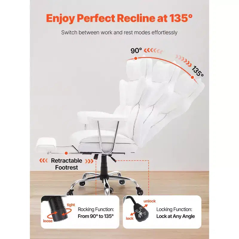 Chaise de bureau inclinable VEVOR avec repose-pieds, grande chaise de bureau robuste en cuir PU, chaises de direction grandes et hautes avec support lombaire, blanche