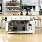 JVNOXK 48-inch Large 5-Wheel Kitchen Island with 2 Bar Stools, Power Outlet, Folding Table Top Storage Cart, Open Side Shelves, 2 Drawers, White