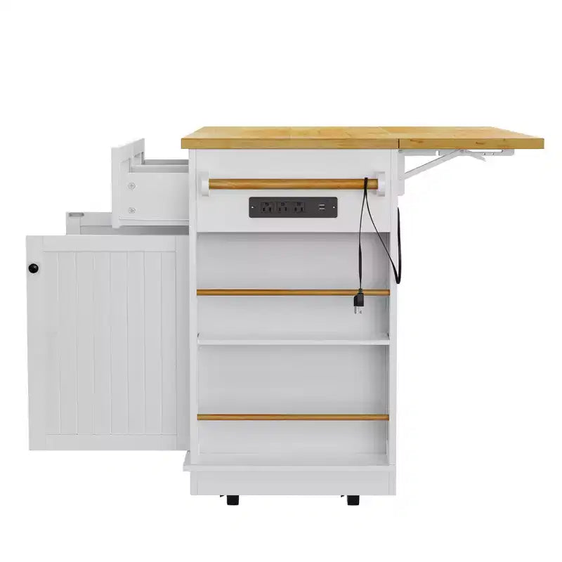 JVNOXK Grand îlot de cuisine de 122 cm à 5 roues avec 2 tabourets de bar, prise de courant, plateau pliant, chariot de rangement, étagères latérales ouvertes, 2 tiroirs, Blanc