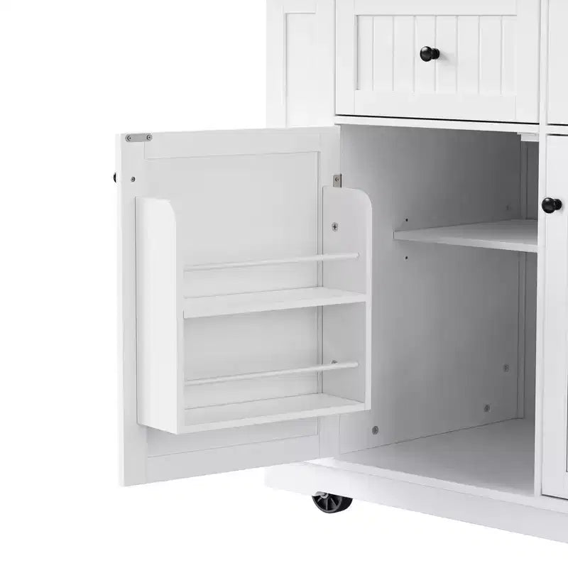JVNOXK Grand îlot de cuisine de 122 cm à 5 roues avec 2 tabourets de bar, prise de courant, plateau pliant, chariot de rangement, étagères latérales ouvertes, 2 tiroirs, Blanc