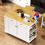 JVNOXK Grand îlot de cuisine de 122 cm à 5 roues avec 2 tabourets de bar, prise de courant, plateau pliant, chariot de rangement, étagères latérales ouvertes, 2 tiroirs, Blanc