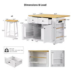 JVNOXK Grand îlot de cuisine de 122 cm à 5 roues avec 2 tabourets de bar, prise de courant, plateau pliant, chariot de rangement, étagères latérales ouvertes, 2 tiroirs, Blanc