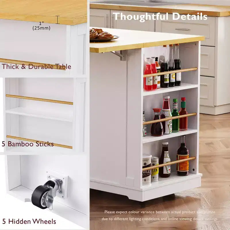 JVNOXK Grand îlot de cuisine de 122 cm à 5 roues avec 2 tabourets de bar, prise de courant, plateau pliant, chariot de rangement, étagères latérales ouvertes, 2 tiroirs, Blanc
