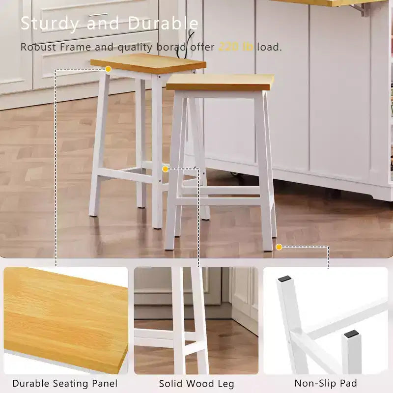 JVNOXK Grand îlot de cuisine de 122 cm à 5 roues avec 2 tabourets de bar, prise de courant, plateau pliant, chariot de rangement, étagères latérales ouvertes, 2 tiroirs, Blanc