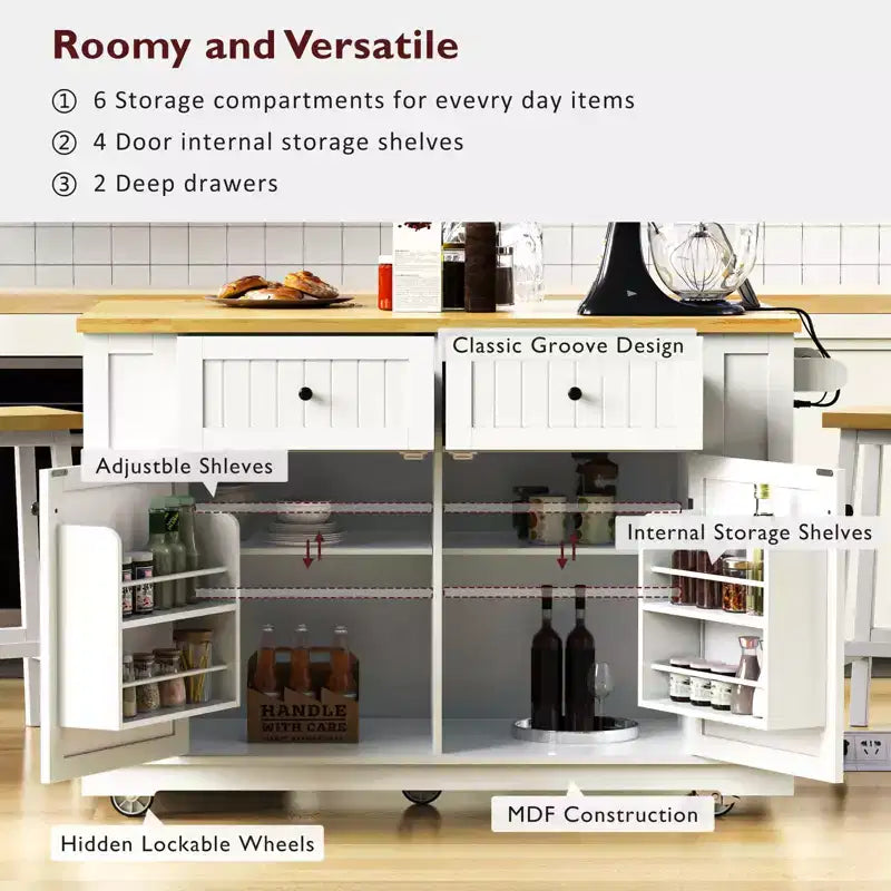 JVNOXK Grand îlot de cuisine de 122 cm à 5 roues avec 2 tabourets de bar, prise de courant, plateau pliant, chariot de rangement, étagères latérales ouvertes, 2 tiroirs, Blanc