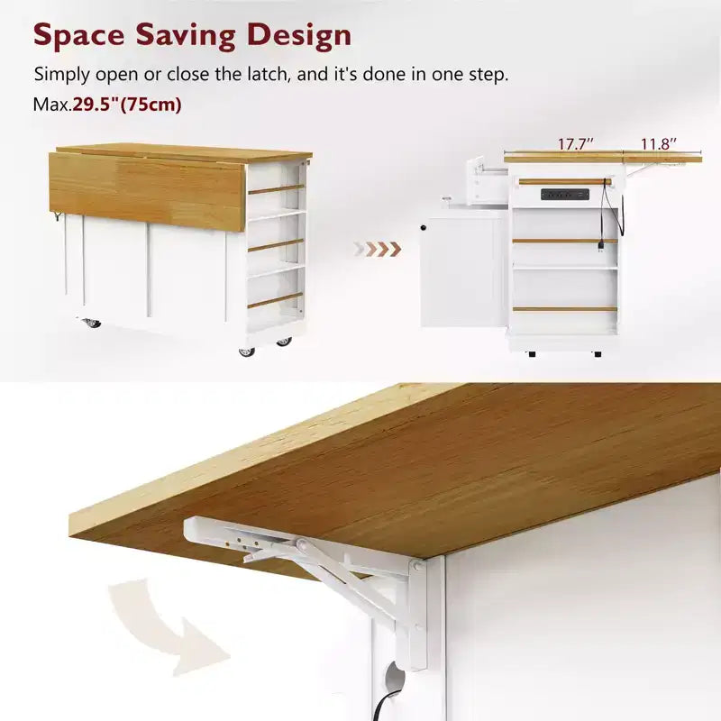 JVNOXK Grand îlot de cuisine de 122 cm à 5 roues avec 2 tabourets de bar, prise de courant, plateau pliant, chariot de rangement, étagères latérales ouvertes, 2 tiroirs, Blanc