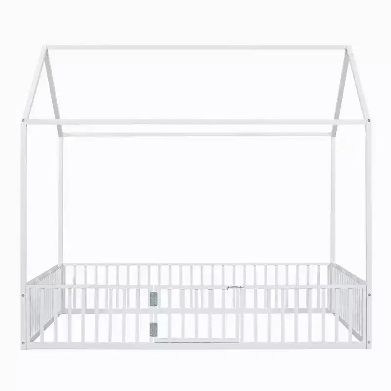 Lit cabane en métal Luxystar avec clôture et porte pour chambre d'enfant, blanc