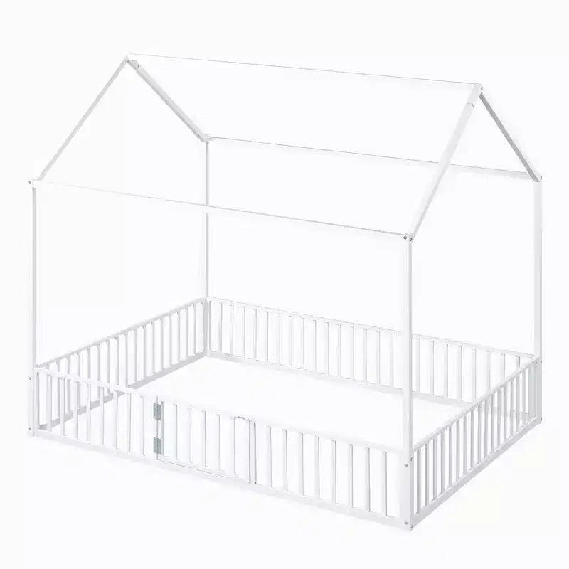Lit cabane en métal Luxystar avec clôture et porte pour chambre d'enfant, blanc