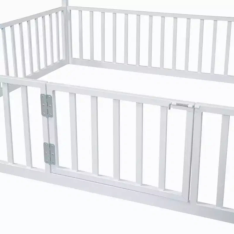 Lit cabane en métal Luxystar avec clôture et porte pour chambre d'enfant, blanc