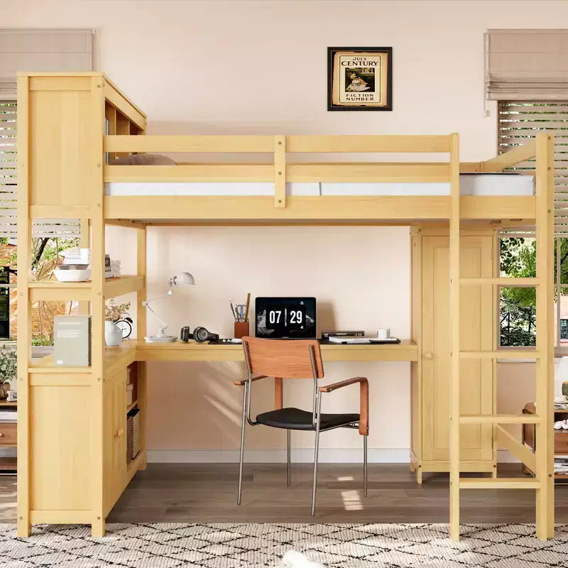 Lit mezzanine en bois Bellemave avec armoire et étagère, lit mezzanine Queen Size avec penderie et bureau pour enfants, Naturel