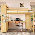 Lit mezzanine en bois Bellemave avec armoire et étagère, lit mezzanine Queen Size avec penderie et bureau pour enfants, Naturel