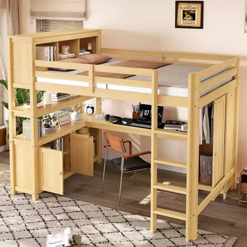 Lit mezzanine en bois Bellemave avec armoire et étagère, lit mezzanine Queen Size avec penderie et bureau pour enfants, Naturel