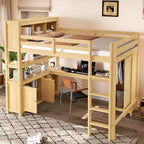 Lit mezzanine en bois Bellemave avec armoire et étagère, lit mezzanine Queen Size avec penderie et bureau pour enfants, Naturel