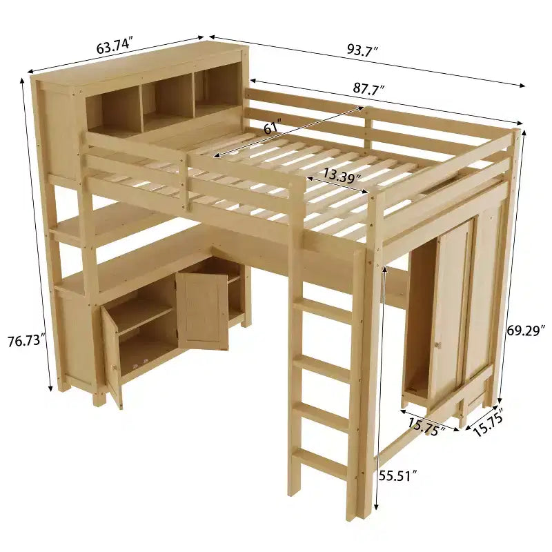 Lit mezzanine en bois Bellemave avec armoire et étagère, lit mezzanine Queen Size avec penderie et bureau pour enfants, Naturel