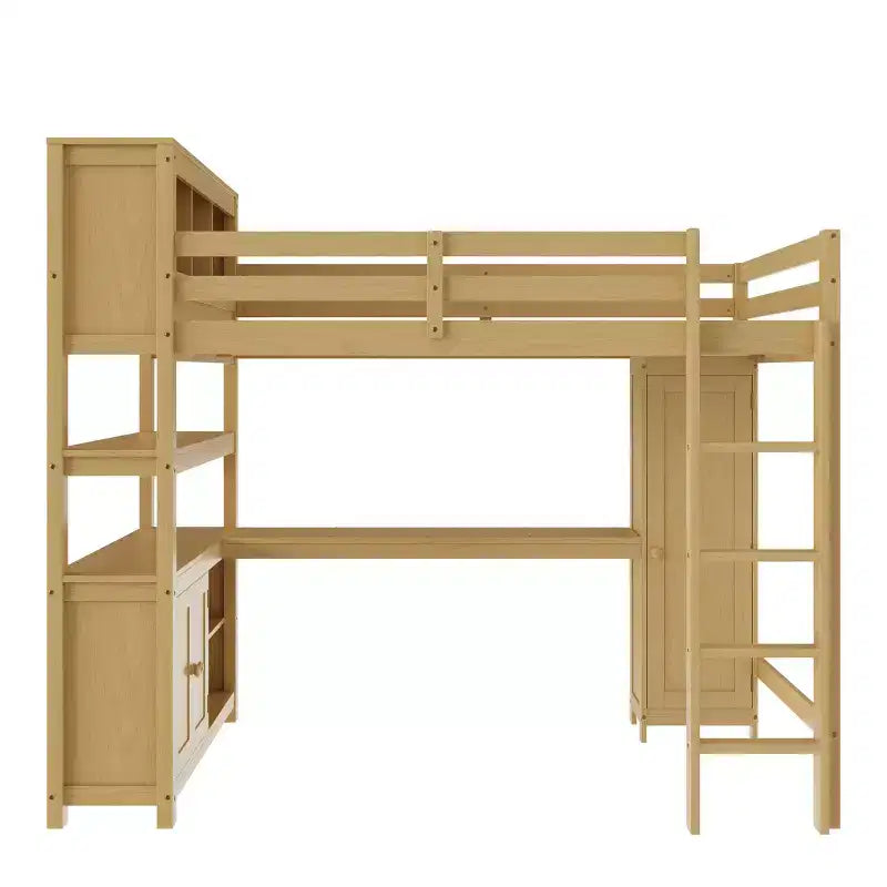 Lit mezzanine en bois Bellemave avec armoire et étagère, lit mezzanine Queen Size avec penderie et bureau pour enfants, Naturel