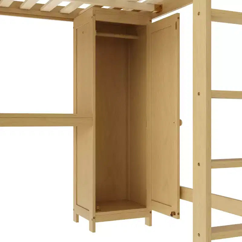 Lit mezzanine en bois Bellemave avec armoire et étagère, lit mezzanine Queen Size avec penderie et bureau pour enfants, Naturel