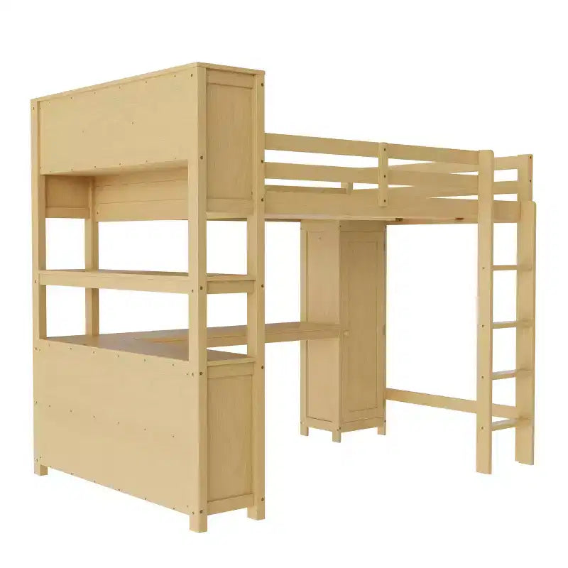 Lit mezzanine en bois Bellemave avec armoire et étagère, lit mezzanine Queen Size avec penderie et bureau pour enfants, Naturel