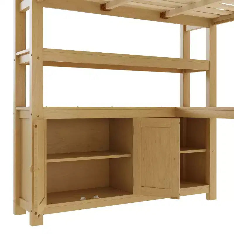 Lit mezzanine en bois Bellemave avec armoire et étagère, lit mezzanine Queen Size avec penderie et bureau pour enfants, Naturel