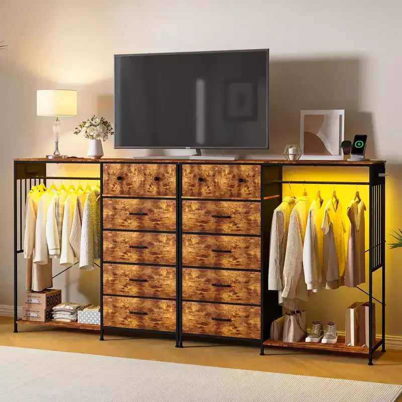 Coiffeuse de 125 cm avec portant et lumières, meuble de rangement de placard à 6 tiroirs avec station de charge