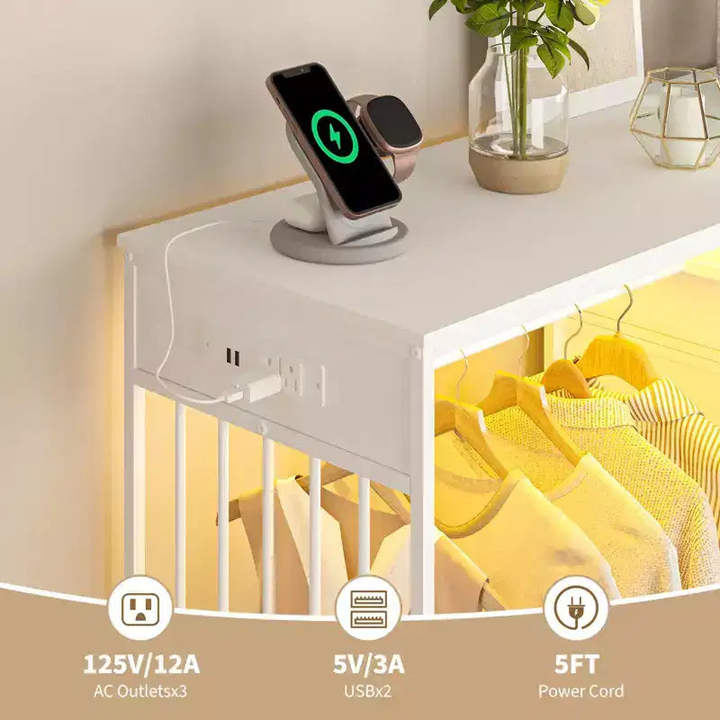 Coiffeuse de 125 cm avec portant et lumières, meuble de rangement de placard à 6 tiroirs avec station de charge