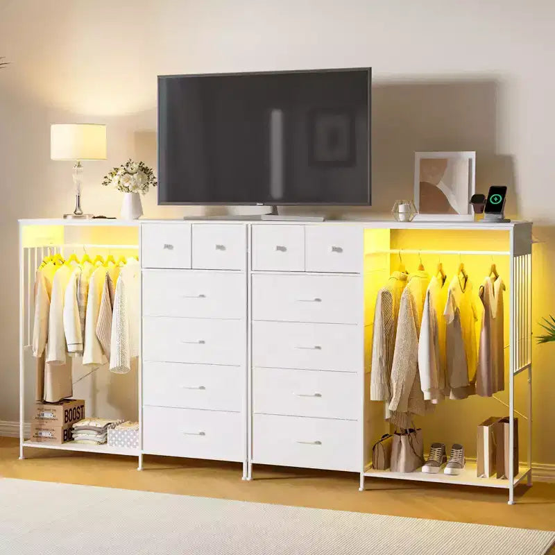 Coiffeuse de 125 cm avec portant et lumières, meuble de rangement de placard à 6 tiroirs avec station de charge