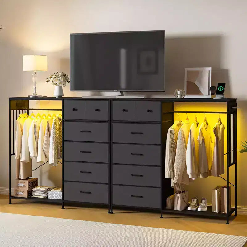 Coiffeuse de 125 cm avec portant et lumières, meuble de rangement de placard à 6 tiroirs avec station de charge